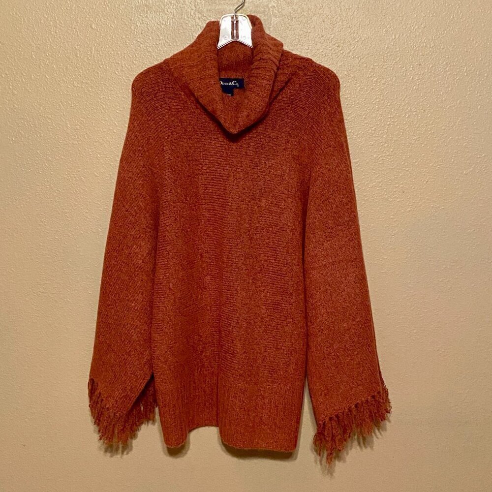 DENIM & CO Sweater Poncho Fringe Sleeves Cowl Neck Rust Wool Blend Size (L)
